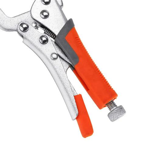 Locking Face Clamp 11 Inch Portable Table Vise Grip For Home Shop And Welding Beefy Heavy Duty Carbon Steel With Swivel Pads Tight Secure Hold For Woodworking And Metal Fabrication Projects close-up of orange-handled steel clamp