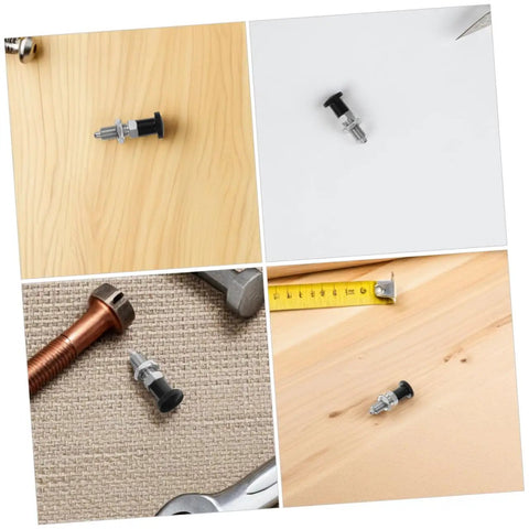 Built Tough Stainless Steel Reset Spring Plunger Featuring Self Locking Control Knob And Rapid Return Indexing Pin on wood and fabric surfaces.