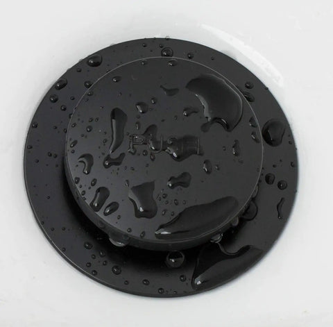 Tip Toe Bathtub Drain Stopper Kit With Two Hole Overflow Faceplate Replacement Bath Drain Trim Set Universal Fine And Coarse Thread Matt Black Easy To Use Tap To Open Close Design with water drops on stopper surface