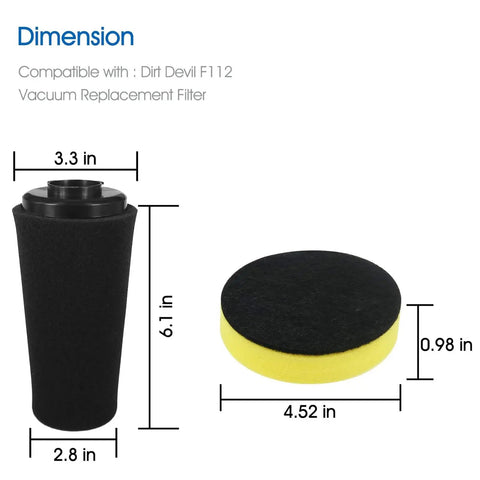 4 Pack F112 Vacuum Filter Replacement With 2 Foam Filters For Dirt Devil Upright Vacuums dimensions shown