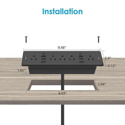 Flat Plug Recessed Power Strip with 5 AC Outlets and 6 USB Ports installation diagram, detailing dimensions and placement in desk.