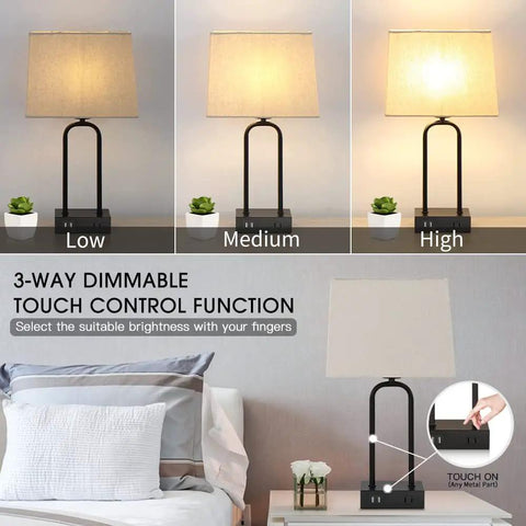 Must-Have Set Of 2 Modern Touch Lamps With Dual USB Ports And AC Outlet showcasing 3-way dimming on a nightstand.