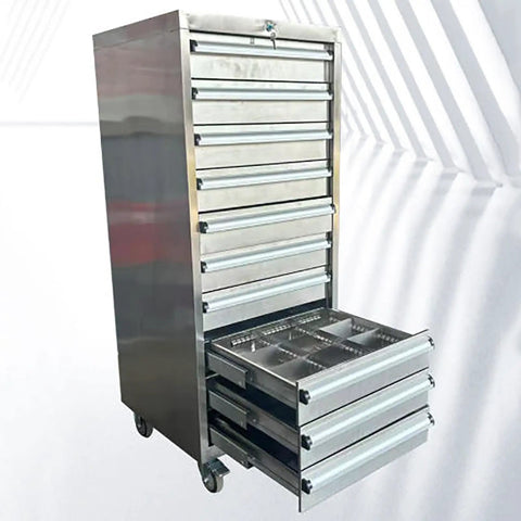 Built Like Beef Rolling Steel Tool Cabinet With Grip Tight Locking Drawers, Detachable Mobile Garage Workbench showcasing seven drawers and a sturdy design.