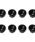 Road Ready Swivel Flange Trailer Lug Nuts 5/8 Inch 18 Thread Grade 8 Black Oxide Finish eight piece set on white background.