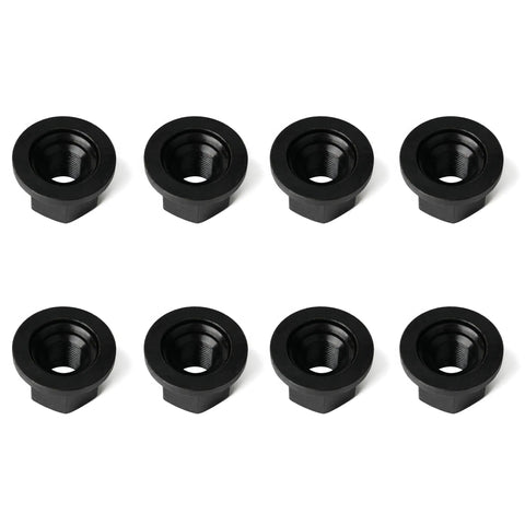 Road Ready Swivel Flange Trailer Lug Nuts 5/8 Inch 18 Thread Grade 8 Black Oxide Finish eight piece set on white background.