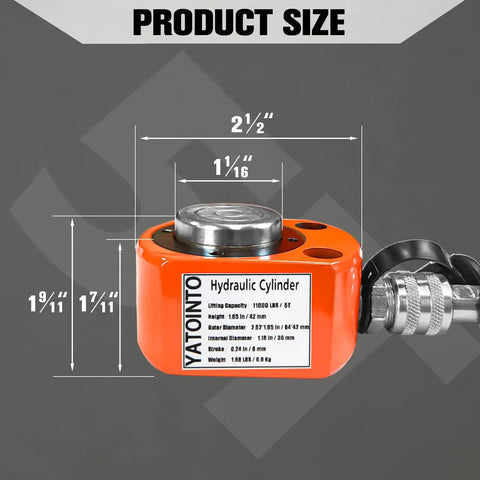 Beefy 10 Ton Low Profile Hydraulic Cylinder Jack Porta Power Ram with 0.98 Inch Stroke and Dimensions Label