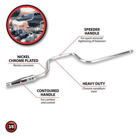 Three Eighth Inch Drive Speeder Handle For Tight Spots And Easy Access Durable Chrome Vanadium Steel Built Tough For Mechanics And DIYers With Contoured Polished Handle For Comfortable Grip And Quick Precise Torque
