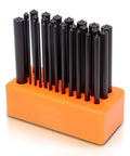 Pro Grade Heavy Duty Transfer Punch Set With 28 Pieces Includes 3/32 To 1/2 Inch Punches in an orange holder