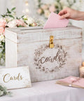 Real Deal Solid Wood Wedding Card Box With Tight Lock And Wide Opening To Bag Every Last One Of Those Sweet Guest Envelopes on table.