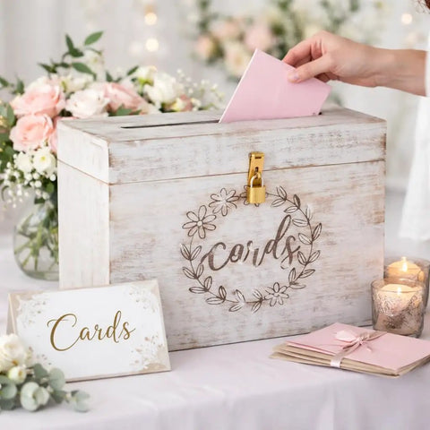 Real Deal Solid Wood Wedding Card Box With Tight Lock And Wide Opening To Bag Every Last One Of Those Sweet Guest Envelopes on table.