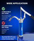 Orion Motor Tech lever-action barrel pump with telescoping suction tube mounted on blue drum for motor oil transfer.