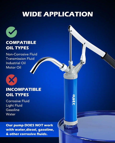 Orion Motor Tech lever-action barrel pump with telescoping suction tube mounted on blue drum for motor oil transfer.