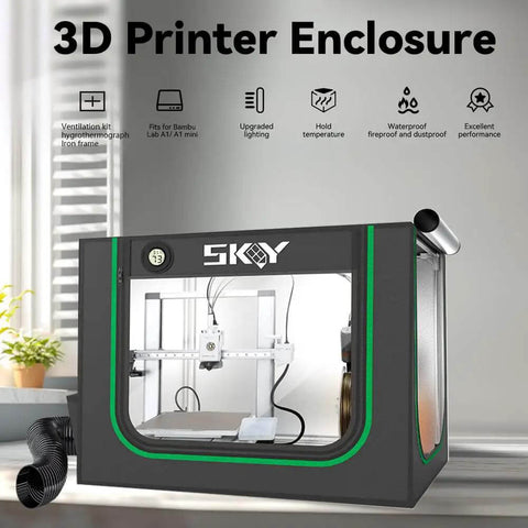 Upgraded 3D Printer Enclosure With LED Light And Smoke Exhaust Kit, Fireproof Dustproof Tent displaying features and setup.