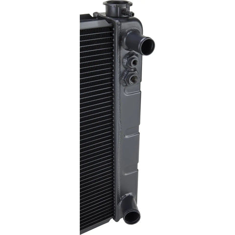 Side view of Windchill 3-Row Aluminum Radiator For LS Swap, 28 x 19 Inch Double Pass Core, showing LS-spec fittings and steam port.