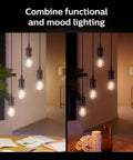 Smart A19 Filament LED Bulbs, 4 Pack, White Ambiance Warm to Cool Light, hanging in indoor fixtures, E26 bases