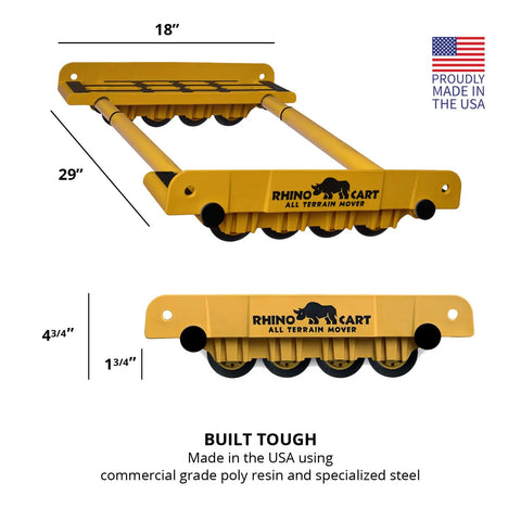 All Terrain Heavy Duty Appliance Dolly shown with size dimensions and American flag, expands to 46 inches, made in USA for smooth heavy item transport.
