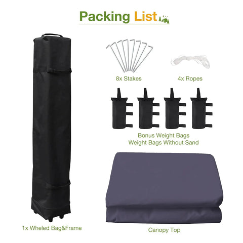 Pop Up Canopy Tent 13x13 Ft with wheeled bag, stakes, ropes, weight bags, and canopy top for patio, garden, and backyard use