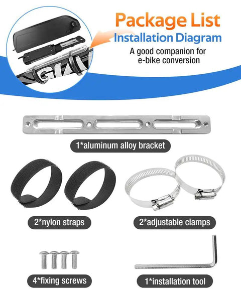Package contents of Sturdy Aluminum Ebike Battery Bracket Mount Plate With Adjustable Clamps And Nylon Straps No Fuss Frame Mount Kit