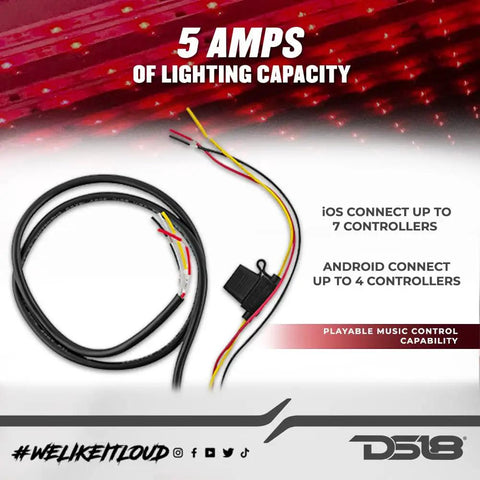 LED Bluetooth RGB Controller For Speakers, BT 4.0 With Longer Range, IP65 Waterproof, 12V Marine Grade cables on red background