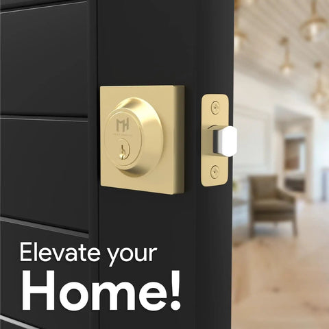 Heavy Duty Deadbolt Lock For Front Door, Satin Brass Square Locking Bolt, Fits Left Or Right Handed Doors, installed view