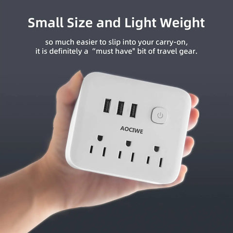 Hand holding Power Strip Surge Protector With USB Charging Station, Desktop Outlet Extender with anti-skid pad and 3 USB ports.