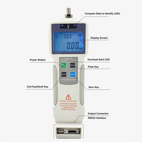 Digital Tensile Tester With Hand Crank Vertical Bench, 10 To 2000N Load Range, 5 Probes And 2 Clamps, 270mm Stroke, Ideal For Material Pull And Compression Tests On Ropes, Wires, Springs, Fishing Lines And More, front digital force gauge with LCD and RS232 port