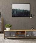 Killer Industrial Solid Wood TV Console With Hella Roomy Storage Drawers Closed Cabinets And Vintage Iron Details For Ultimate Living Room Vibes And Game Night Comfort, showing rustic design and metal accents.