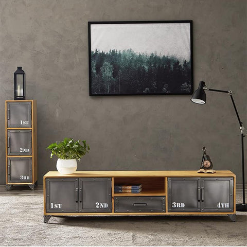 Killer Industrial Solid Wood TV Console With Hella Roomy Storage Drawers Closed Cabinets And Vintage Iron Details For Ultimate Living Room Vibes And Game Night Comfort, showing rustic design and metal accents.