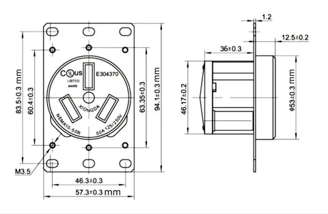 Built Like A Tank UL Listed NEMA 10 50R Receptacle 50 Amp 125 250V Heavy Duty Female Plug technical drawing with dimensions.