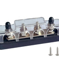 Heavy Duty Nickel Plated Brass Bus Bar With Heat Resistant Lid And M5 Studs Zero Sweat Wire Routing For Car Audio Marine Amp Power Junction Block Setup Black Finish, showing detailed view with screws.