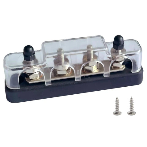 Heavy Duty Nickel Plated Brass Bus Bar With Heat Resistant Lid And M5 Studs Zero Sweat Wire Routing For Car Audio Marine Amp Power Junction Block Setup Black Finish, showing detailed view with screws.