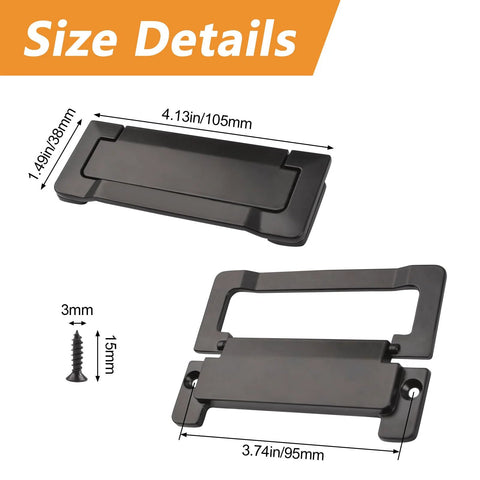 Size details for 2 Pack Pocket Door Drawer Handle Flush Pull Concealed Furniture Handle Screws Included For Cabinets Closets And Drawers Matte Black Zinc Alloy 96mm Hole Center Hidden Pull Knob Set For Modern Cabinets; dimensions and screws shown