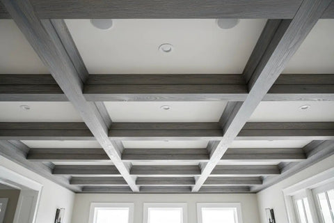 Ceiling view showcasing beams finished with Top Tier Light Oak Reactive Water Based Wood Stain Zero VOC Heavy Duty 55 Gallon Drum.