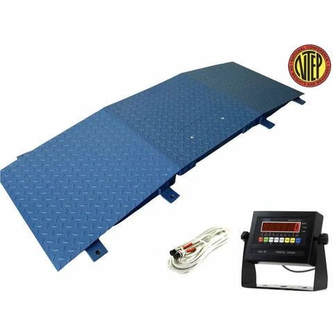 Heavy Duty 24 By 24 Digital Floor Scale With Dual Ramps, blue stainless steel platform with digital LCD screen.