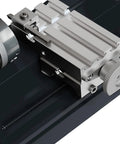 ZHRUI all-metal miniature lathe carriage with handwheel on a T-slot bed, close-up view