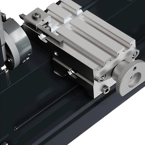 ZHRUI all-metal miniature lathe carriage with handwheel on a T-slot bed, close-up view