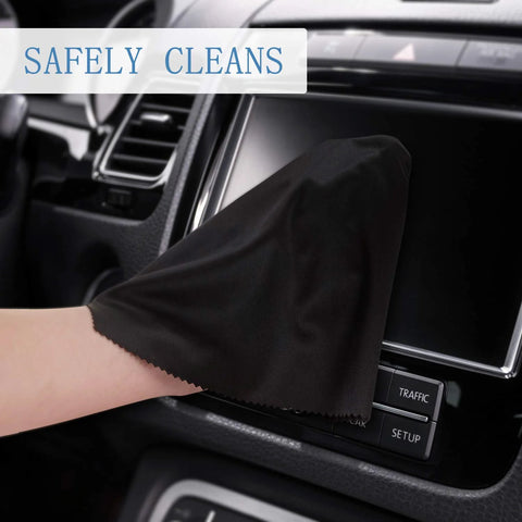 Frienda microfiber cleaning cloth for glasses, 6x7 inch, black, used to wipe a car touchscreen display.
