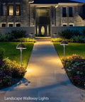 Go To Low Voltage G4 LED Path Lights For Outdoor Landscape Lighting In Oil Rubbed Bronze With Warm White Glow illuminating a walkway