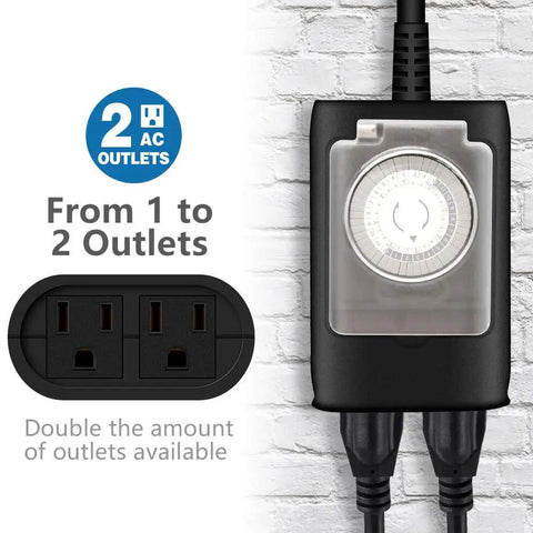 Set It And Forget It 24 Hour Mechanical Timer Outlet For Outdoor Lights features two AC outlets for enhanced power control.