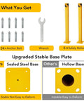 Heavy Duty Steel Safety Bollards 6 Pack 36 Inch Tall Parking Posts featuring a rock solid welded base plate with anchor bolts and tools.