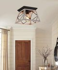 Rustic Farmhouse Flush Mount Ceiling Light Fixture With Wrought Iron Oak White Accents And ORB Details for hallway