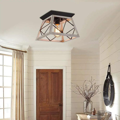 Rustic Farmhouse Flush Mount Ceiling Light Fixture With Wrought Iron Oak White Accents And ORB Details for hallway