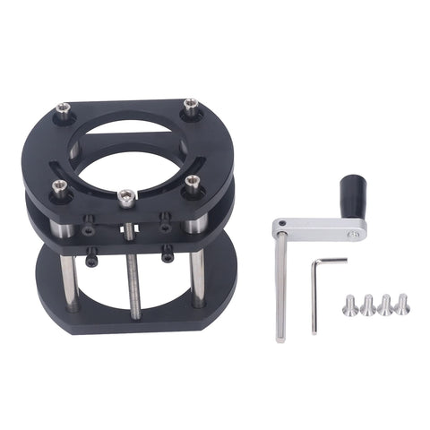 Heavy Duty Aluminum Router Lift Featuring Rock Solid Four Jaw Clamping and Smooth Adjustable Height Design with Rust Resistant Steel Rod components with black and silver colors