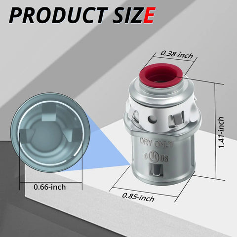 20 Pack Snap In Mc Cable Connectors For Electrical Boxes No Sweat Snap Fit Hustle Free Wiring Setup Ul Rated Armored Cable showing dimensions and sizes.