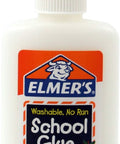 Close-up of Mess Free No-Run School Glue 4 Oz bottle with orange cap, washable and safe for kids, bonds paper, wood, and cloth.