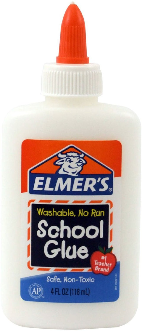 Close-up of Mess Free No-Run School Glue 4 Oz bottle with orange cap, washable and safe for kids, bonds paper, wood, and cloth.