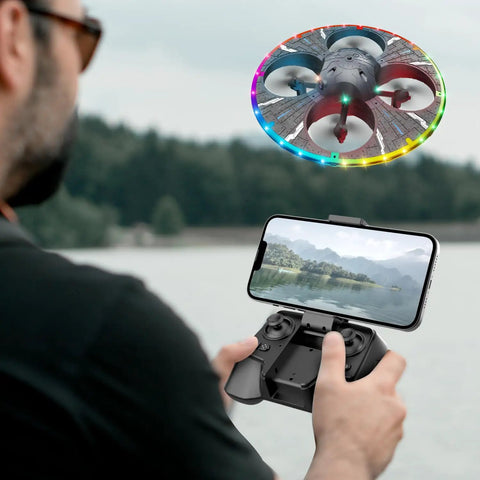Foam Round RC UFO Drone With Camera Light Up LED Night Lights Color Switching 360 Degree Flips Adjustable Speed Beginner Friendly FPV Quadcopter For Indoor Outdoor Fun Easy Toss And Fly Dope Tricks in flight with controller