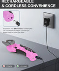 Cordless Electric Scissors Rechargeable Box Cutter That Slays Through Cardboard Fabric Leather And Paper With Self Sharpening Blade 240Rpm Motor charging in pink.