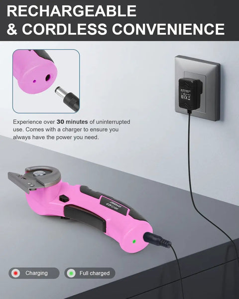 Cordless Electric Scissors Rechargeable Box Cutter That Slays Through Cardboard Fabric Leather And Paper With Self Sharpening Blade 240Rpm Motor charging in pink.