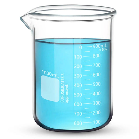 Heavy Duty 1000 mL Glass Beaker With White Double Scale Graduation Borosilicate 3.3 Lab Beaker Thick Wall Low Form Griffin Glass